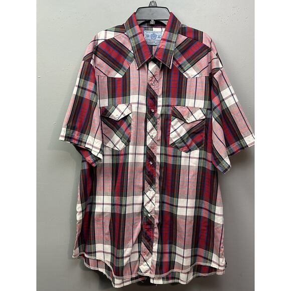 American Hero Shirt Mens Medium Red Plaid Western Pearl Snap Short Sleeve Cowboy - Picture 1 of 8